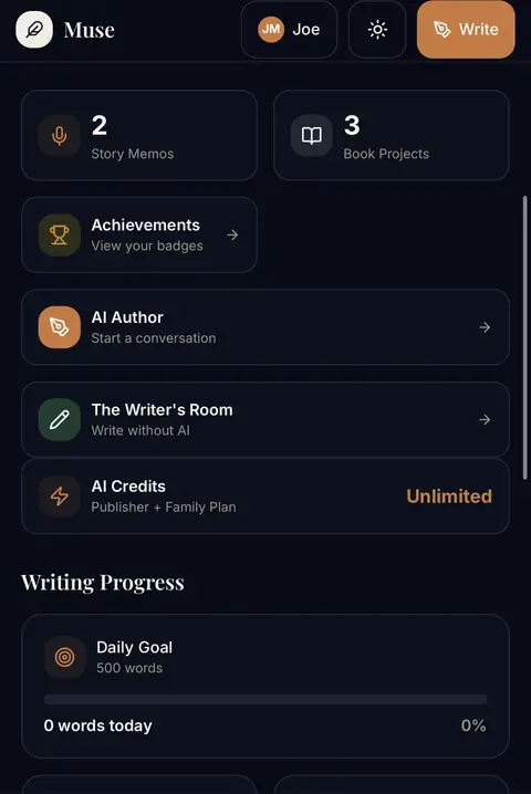 Your writing dashboard screen